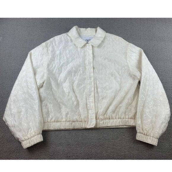 Zara Embroidered Jacket Kids13-14 Cream Floral Eyelet Bomber Elastic Hem - Picture 1 of 10